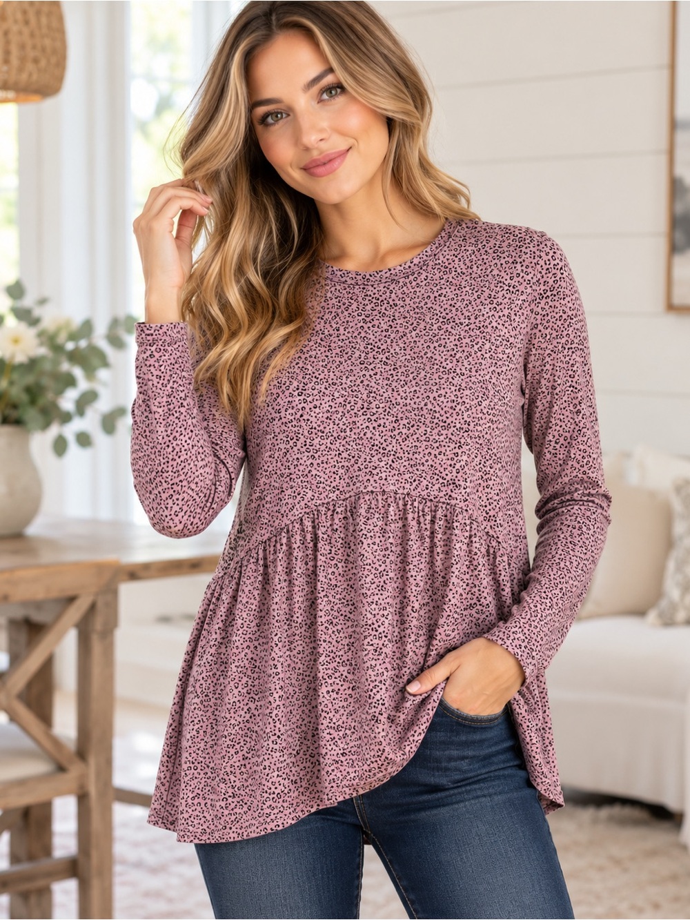 Gaze Cheetah Print Long Sleeve Peplum Top Size S